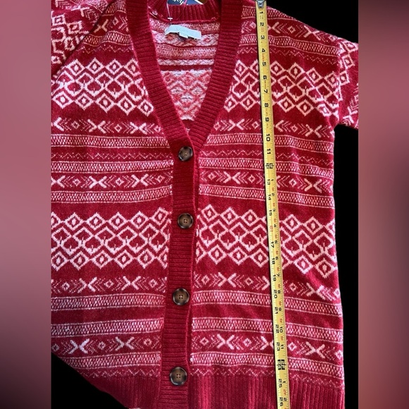 Fair Isle V-Neck Pocket Cardigan, Red and White, NEW - Picture 6 of 6